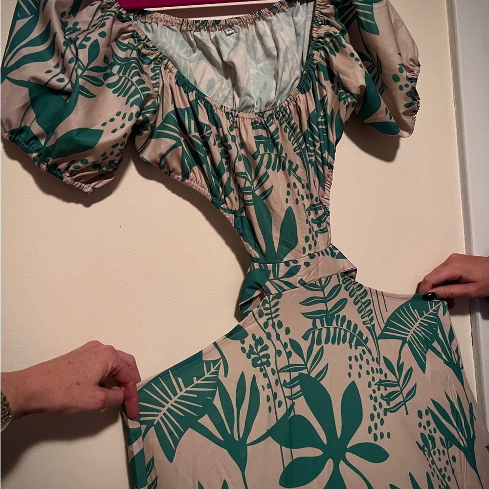 Tropical Leaf Print Short Sleeve Cutout Dress